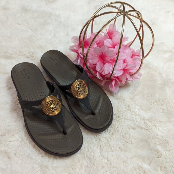 Crocs sandals, Brown with Gold Detailing, Size 7 - Picture 1 of 6